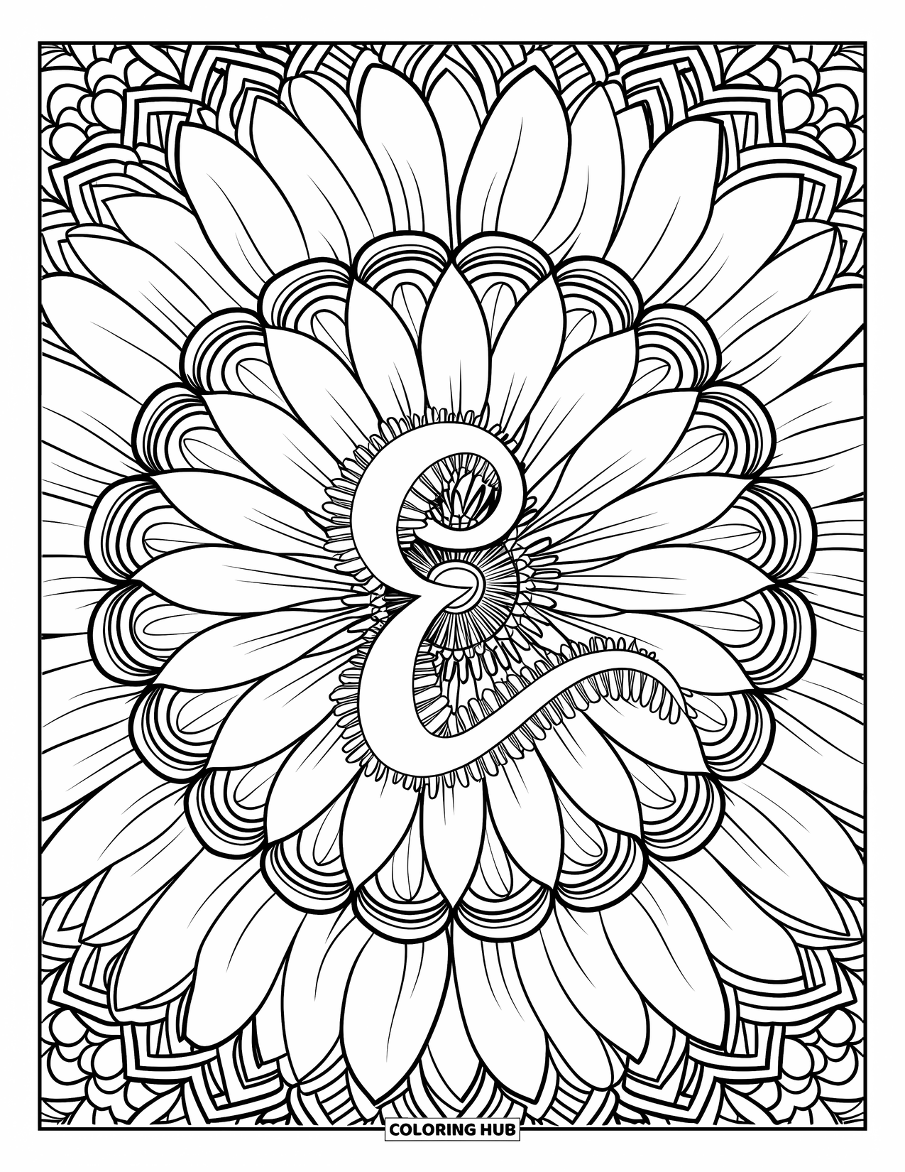 Letter E Coloring Page for Adults: Sunflower petals spread around E in a bold and calming mandala