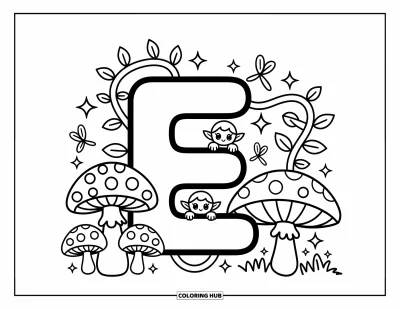 Coloriage de la lettre E pour adultes : La lettre E est entourée de champignons, d'elfes, de lucioles et de lianes forestières enroulées
