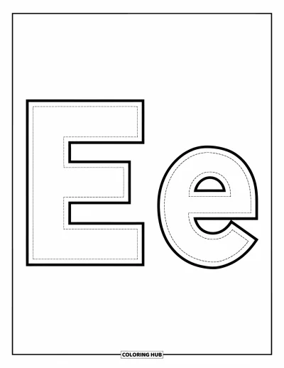 Coloriage de la lettre E pour enfants : Un grand E et un petit e apparaissent en pointillés pour s'amuser à tracer