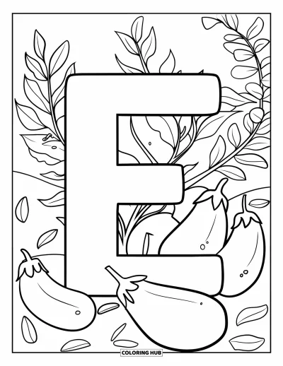 Coloriage de la lettre E pour enfants : Un grand E trône parmi des aubergines et de l'eucalyptus dans un jardin paisible