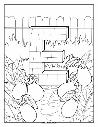 Coloriage de la lettre E pour enfants : Un E en brique se dresse dans un jardin d'aubergines et d'eucalyptus avec un chemin en pierre