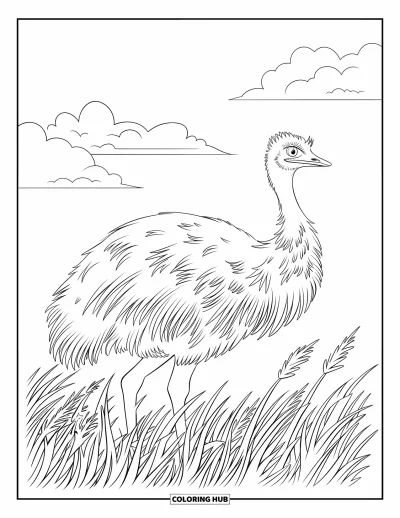Coloriage de la lettre E pour enfants : Un émeu tranquille marche dans les hautes herbes sous un ciel parsemé de nuages moelleux