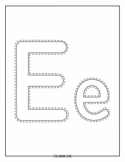 Coloriage de la lettre E pour enfants : Une lettre E et un e en pointillés sont côte à côte pour un traçage facile