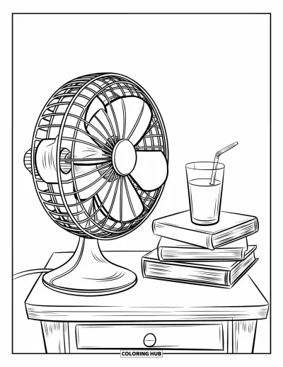 Coloriage de la lettre E pour enfants : Un ventilateur ronronne près de livres et d'un jus de fruit sur une table en bois
