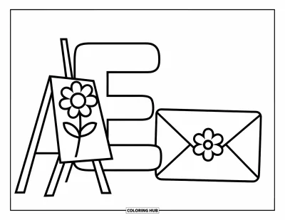 Coloriage de la lettre E pour enfants : Une peinture florale et une enveloppe rejoignent E et e dans une scène enjouée