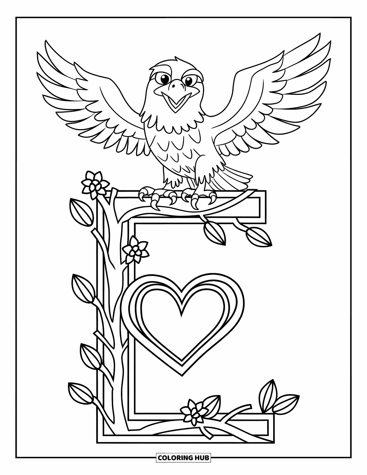 Letter E Coloring Page for Kids: A proud eagle rests on top of a leafy, decorated letter E