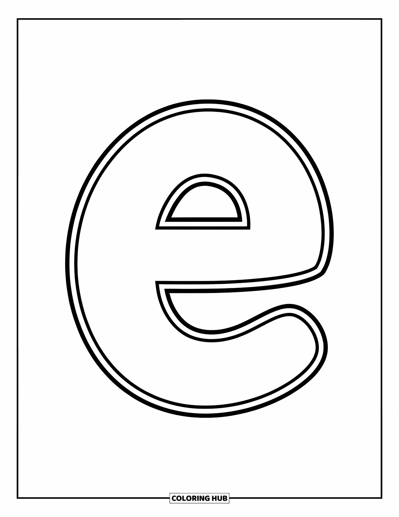 Letter E Coloring Page for Kids: A simple, bold lowercase e stands alone in the middle of the page