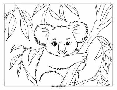 Coloriage de la lettre E pour enfants : Un koala somnolent serre une branche d'arbre tandis que les feuilles se balancent doucement autour de lui