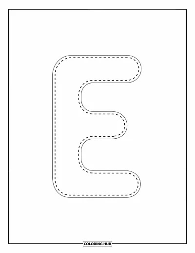 Coloriage de la lettre E pour enfants : Un petit e en pointillés est posé sur une ligne pour s'exercer à tracer