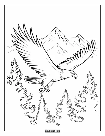 Coloriage de la lettre E pour enfants : Un aigle en plein vol dépasse de grands sapins avec des montagnes enneigées en arrière-plan