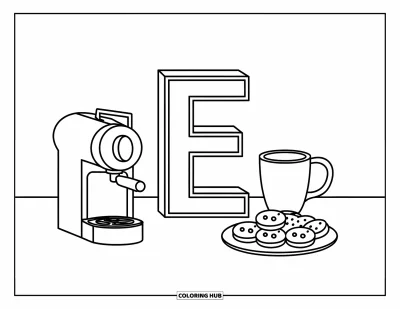 Coloriage de la lettre E pour enfants : Une grande lettre E se tient près d'une machine à expresso, d'une tasse et de petits biscuits