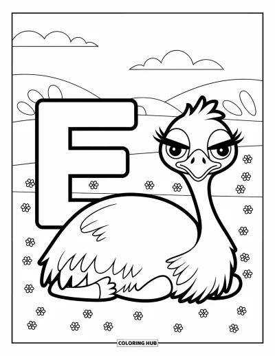 Coloriage de la lettre E pour enfants : Un émeu fatigué se repose près d'un grand E dans un champ fleuri et venteux