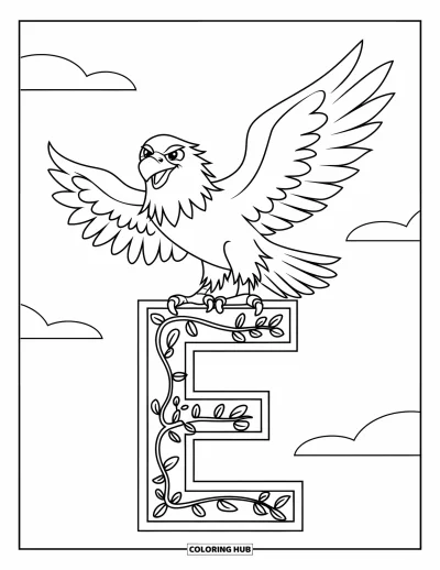 Coloriage de la lettre E pour enfants : Un aigle est perché sur une élégante lettre E décorée de vignes et de nuages