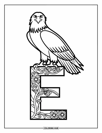 Coloriage de la lettre E pour enfants : Un aigle est perché sur une lettre E tourbillonnante ornée de motifs floraux