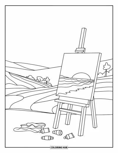 Coloriage de la lettre E pour enfants : Un chevalet présente une peinture de coucher de soleil près d'arbres, de collines et de tubes de peinture éparpillés