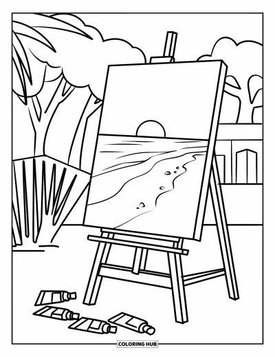 Coloriage de la lettre E pour enfants : Un chevalet présente une peinture de coucher de soleil sur la plage avec des tubes de peinture en dessous