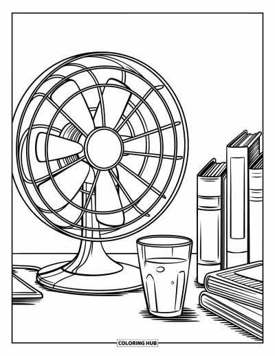 Coloriage de la lettre E pour enfants : Un ventilateur électrique tourne près d'une table avec des livres et une boisson rafraîchissante