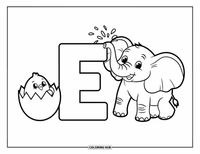 Coloriage de la lettre E pour enfants : Un éléphant projette de l'eau près du E, tandis qu'un poussin pointe son bec hors d'un œuf près du e