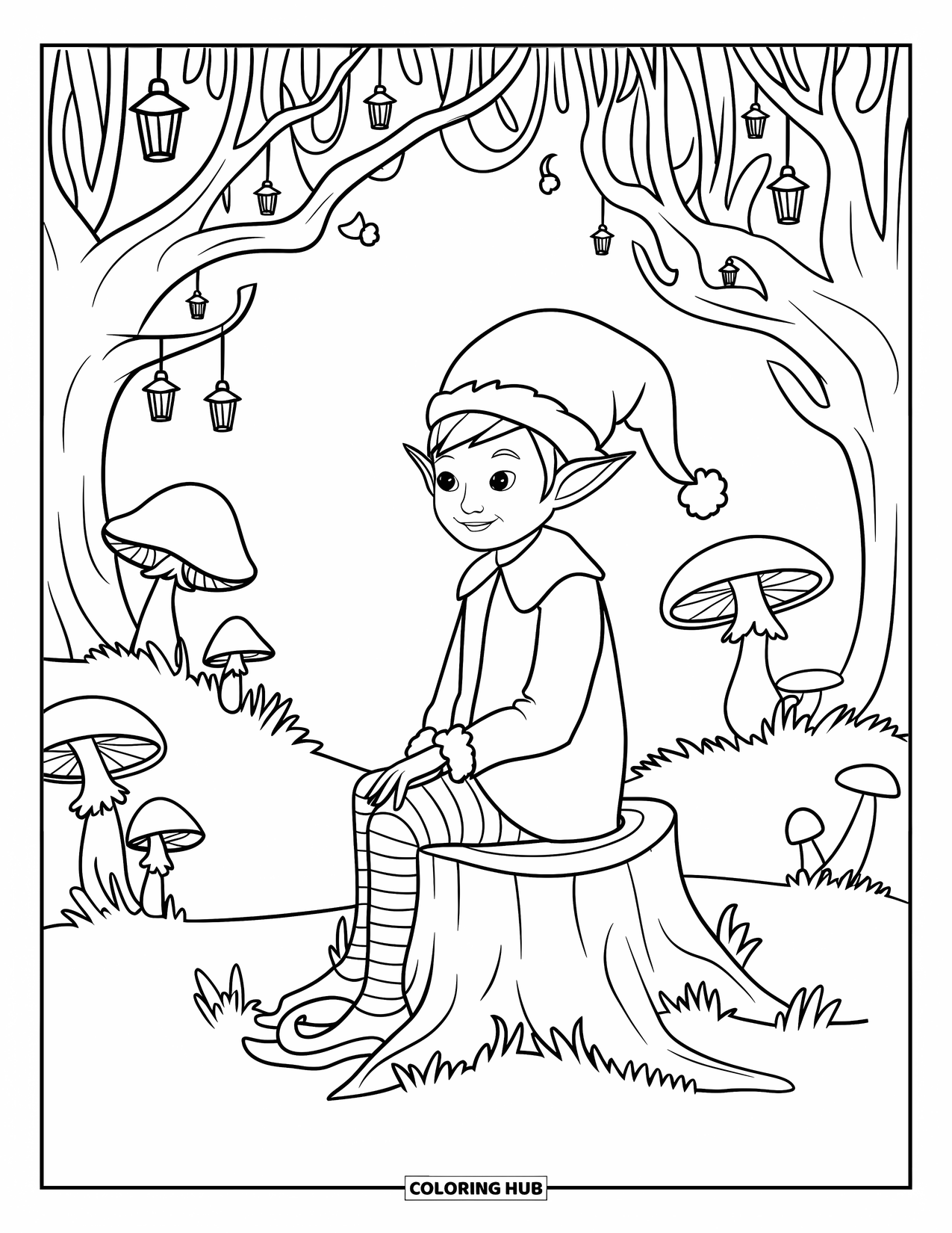 Letter E Coloring Page for Kids: An elf sits peacefully on a stump among mushrooms and glowing lanterns
