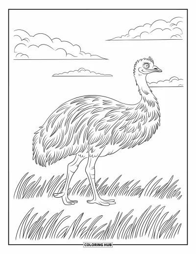 Coloriage de la lettre E pour enfants : Un émeu se dresse dans un champ venteux avec de l'herbe qui se balance sous un ciel nuageux