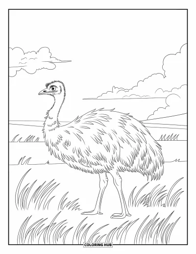 Coloriage de la lettre E pour enfants : Un émeu se promène dans un champ venteux avec de l'herbe douce et de légers nuages