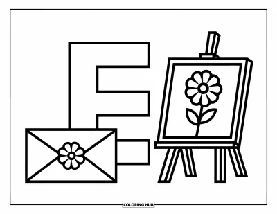 Coloriage de la lettre E pour enfants : Grand E et petit e posent avec un chevalet et une enveloppe ornée d'une fleur