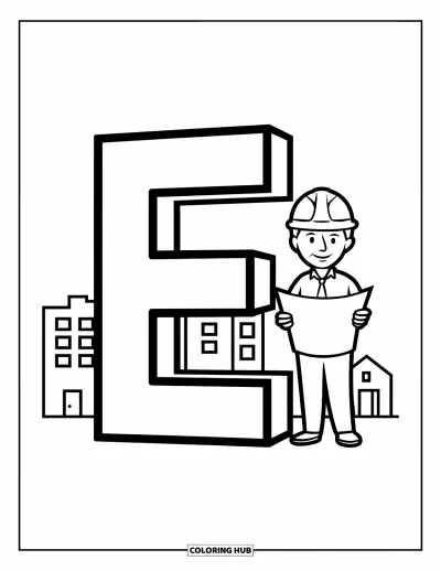 Coloriage de la lettre E pour enfants : Un grand E pose à côté d'un ingénieur et de bâtiments simples en arrière-plan
