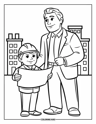 Coloriage de la lettre E pour enfants : Un grand E se tient fièrement près d'un ingénieur tenant des plans avec de simples bâtiments en fond