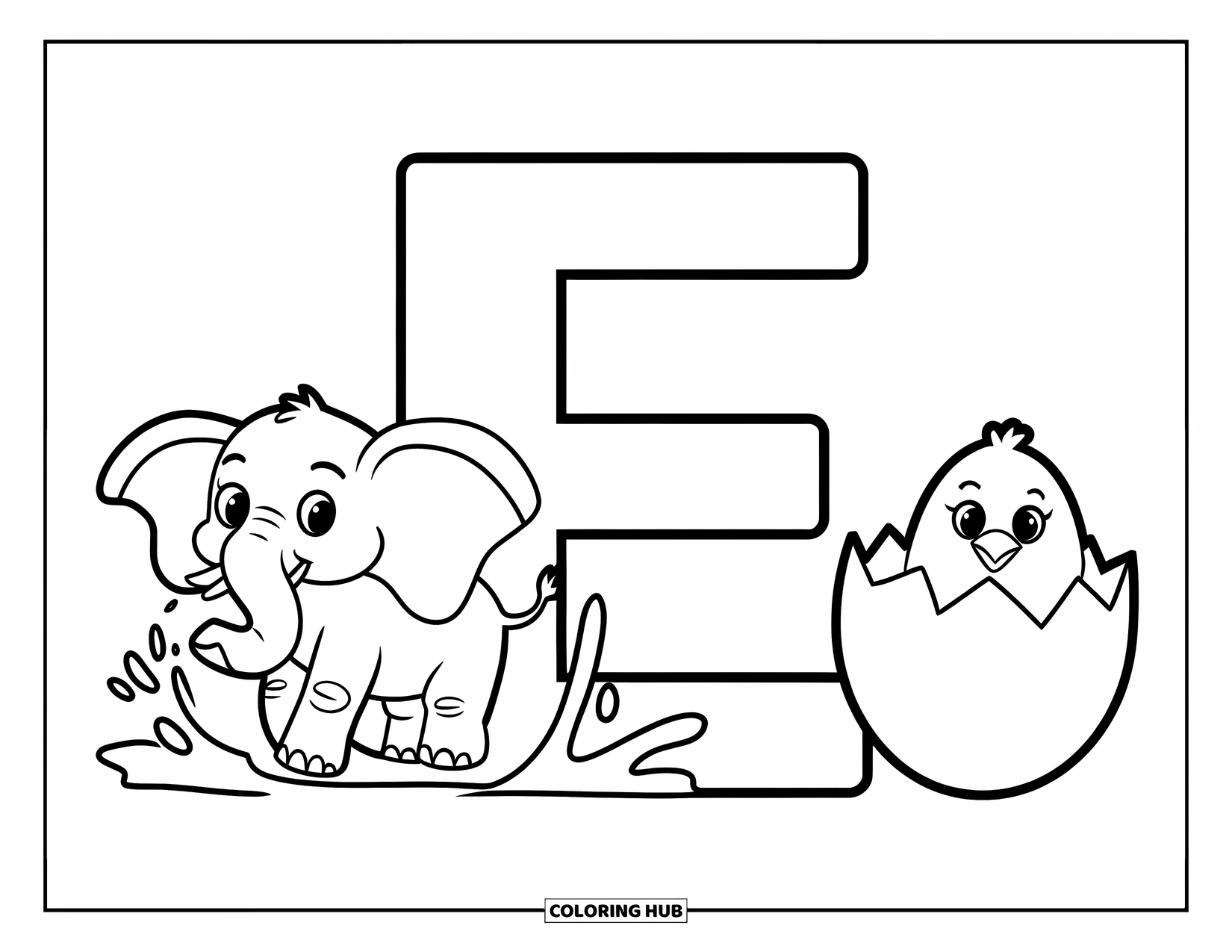 Letter E Coloring Page for Kids: E and e are joined by a happy elephant and a baby chick