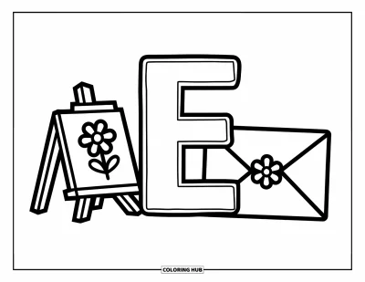 Coloriage de la lettre E pour enfants : E et e se trouvent près d'un chevalet et d'une enveloppe avec de jolis détails floraux