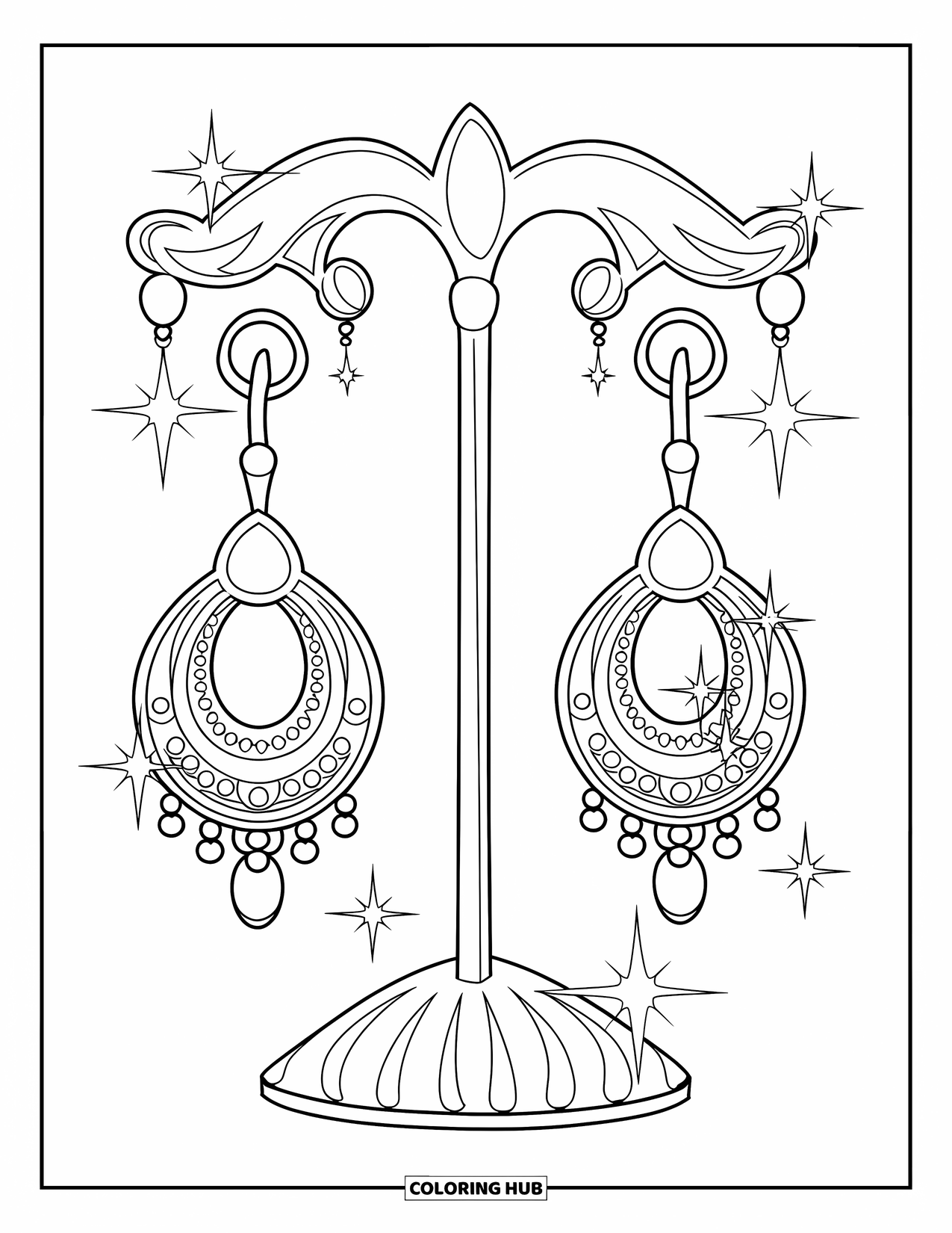 Letter E Coloring Page for Kids: Earrings dangle from a vintage jewelry stand with fancy designs