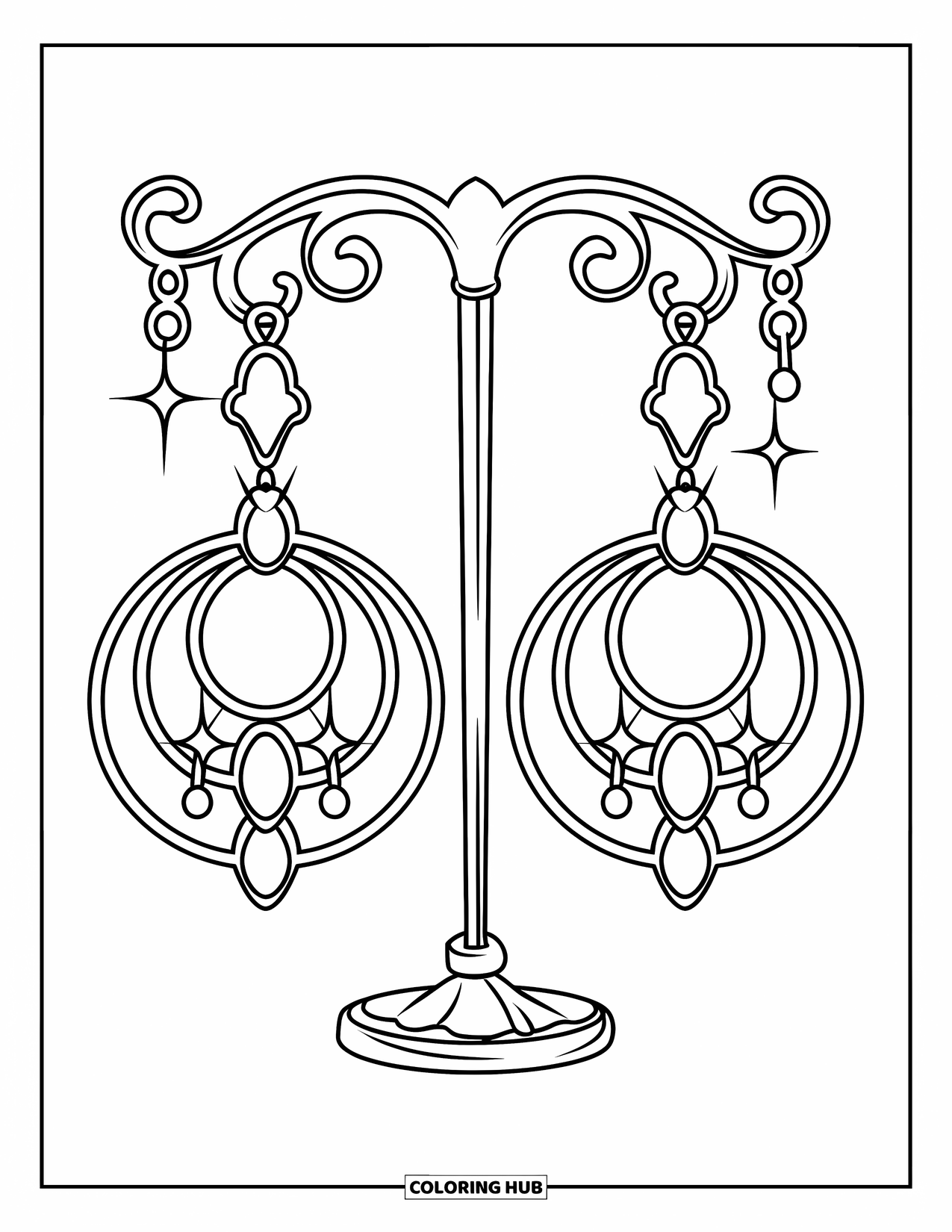 Letter E Coloring Page for Kids: Earrings hang from a classic stand with swirly vintage designs