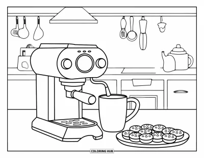 Coloriage de la lettre E pour enfants : La lettre E dans une cuisine avec du café, des biscuits et une jolie tasse
