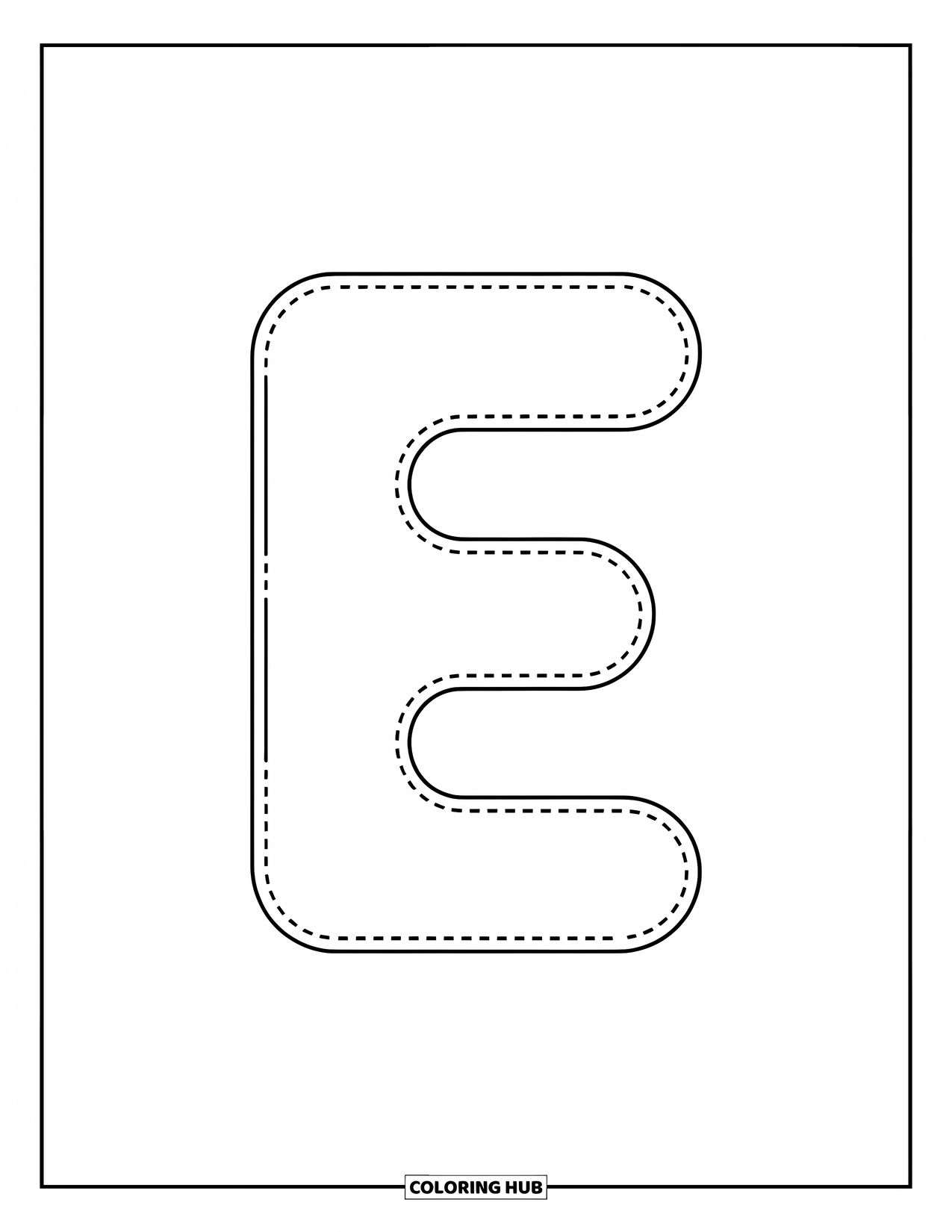 Letter E Coloring Page for Kids: Lowercase e in dotted lines offers cheerful tracing practice