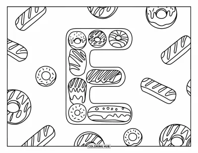Coloriage de la lettre E pour enfants : La lettre E est formée de donuts et d'éclairs, entourée de délicieuses sucreries