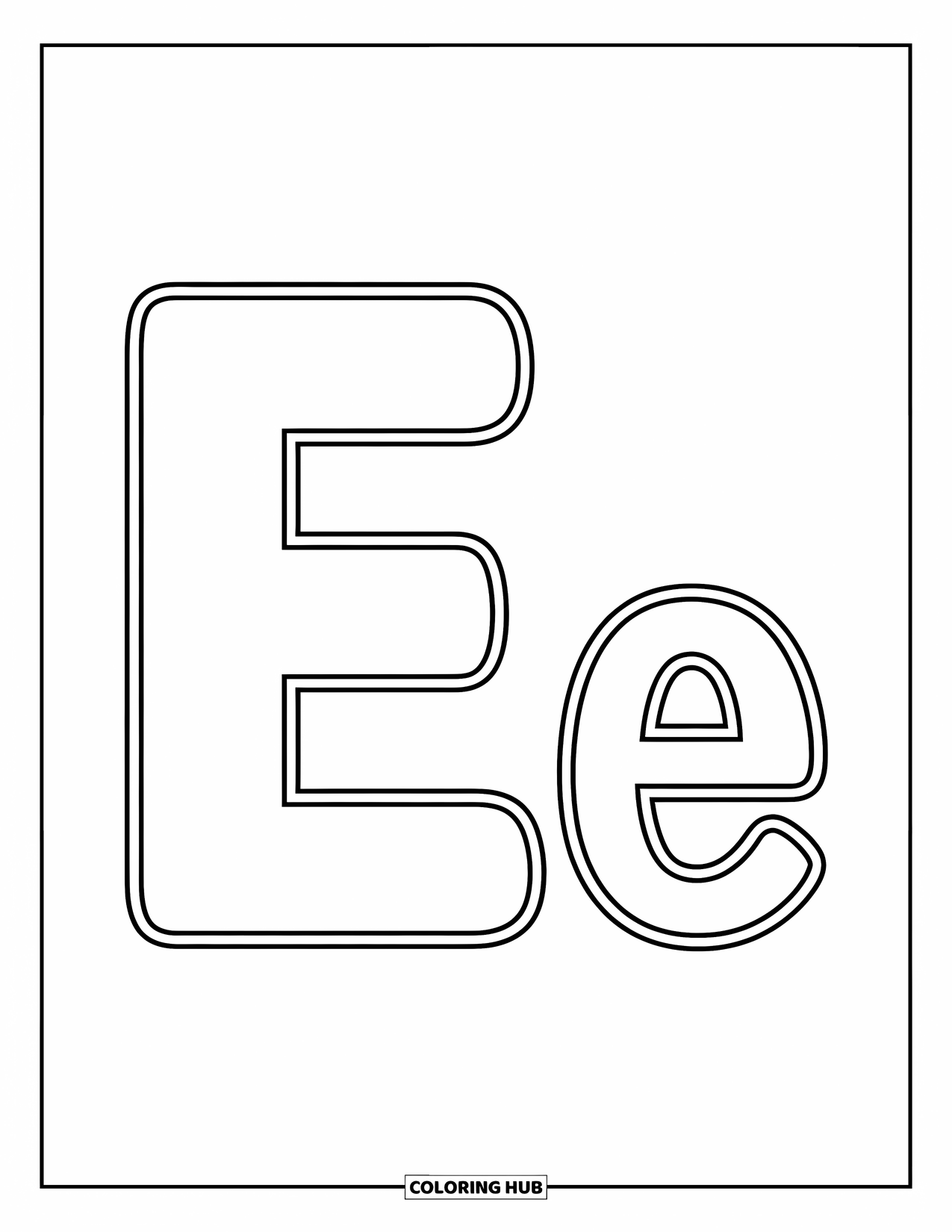 Letter E Coloring Page for Kids: Uppercase E and lowercase e appear together in a cheerful, easy-to-color style