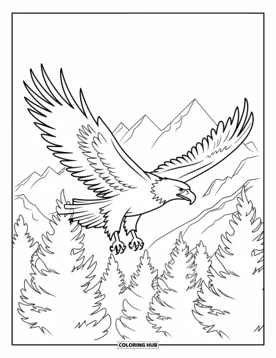 Coloriage de la lettre E pour enfants : Ailes déployées, un aigle plane au-dessus de sapins et de montagnes au loin