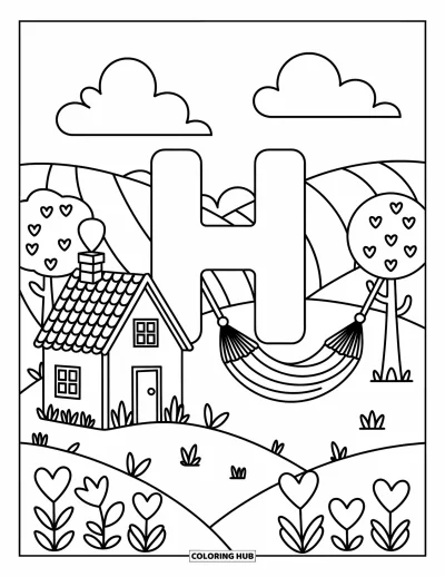 Coloriage de la lettre H pour adultes : Un grand H se dresse près d'un hamac et d'une petite maison dans une campagne pleine de fleurs en cœur