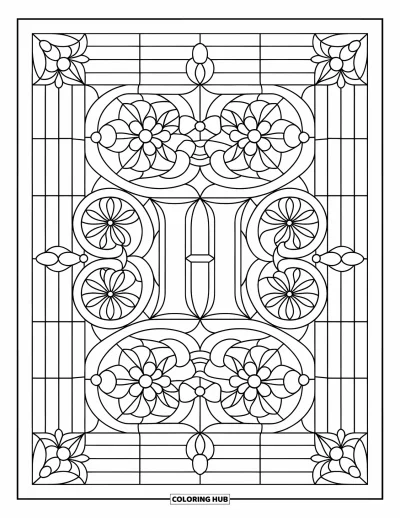 Coloriage de la lettre H pour adultes : Un H bien net rayonne dans un motif floral façon vitrail avec des cadres courbés
