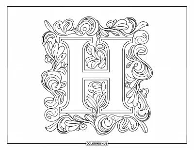 Coloriage de la lettre H pour adultes : Un H en gras est posé dans une bordure dentelle raffinée pleine de feuilles et de lianes bouclées