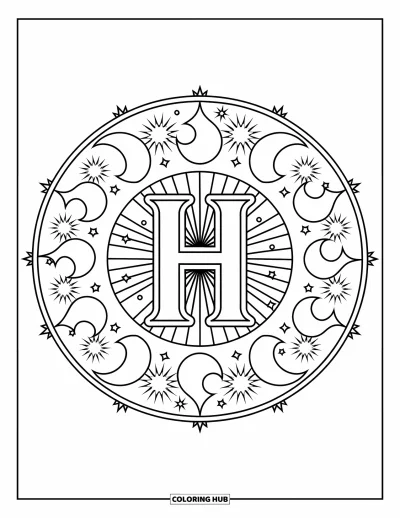 Coloriage de la lettre H pour adultes : Un mandala céleste de lunes et d'étoiles entoure la lettre H bien nette