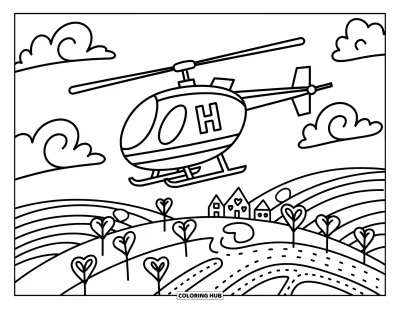 Coloriage de la lettre H pour adultes : Un hélicoptère fantaisiste survole une ville chaleureuse avec des nuages tourbillonnants et des arbres en cœur