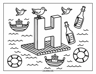 Coloriage de la lettre H pour adultes : Un poteau de quai en forme de H avec de petits bateaux, des bouées et des bouteilles à la mer