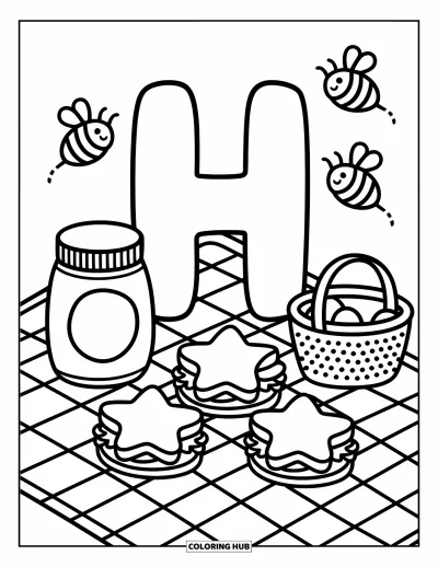 Coloriage de la lettre H pour adultes : Un pique-nique autour du H avec des sandwichs en étoile, des pots de miel et des abeilles joyeuses qui bourdonnent