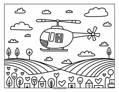 Coloriage de la lettre H pour adultes : Un hélicoptère marqué H survole une petite ville remplie d'arbres en cœur et de nuages poétiques