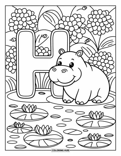 Coloriage de la lettre H pour adultes : Un hippopotame paisible se repose près d'un grand H dans un étang serein avec des nénuphars et des poissons