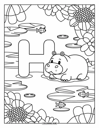 Coloriage de la lettre H pour adultes : Un hippopotame se détend près du H dans un étang calme plein de nénuphars, de poissons et de fleurs