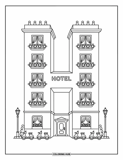 Coloriage de la lettre H pour adultes : Un hôtel en forme de H avec des fenêtres ouvertes, des plantes suspendues et d'adorables petits scooters