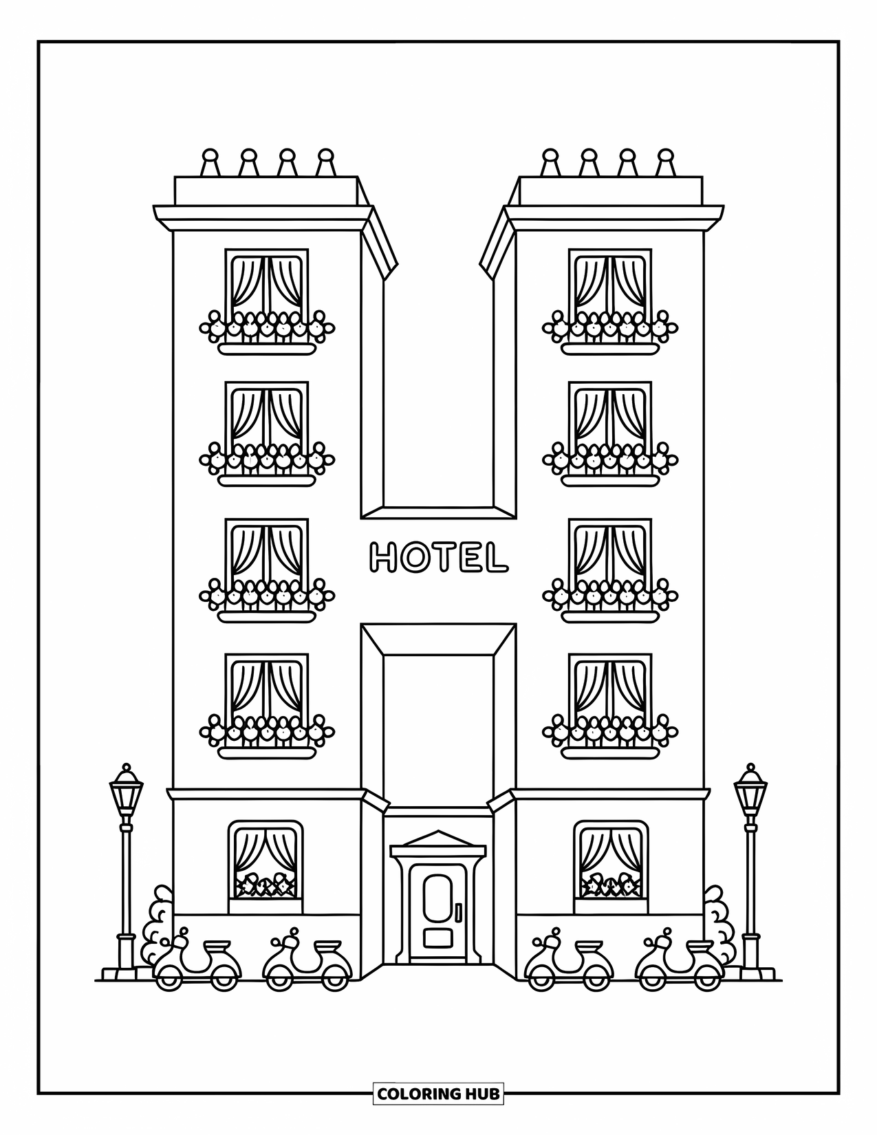 Letter H Coloring Page for Adults: A hotel shaped like H with open windows, hanging plants, and adorable tiny scooters