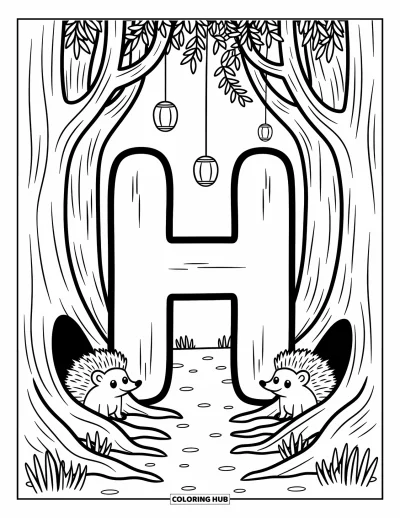 Coloriage de la lettre H pour adultes : Un H espiègle se dresse à l'entrée d'une forêt avec des hérissons, des lanternes et des troncs accueillants